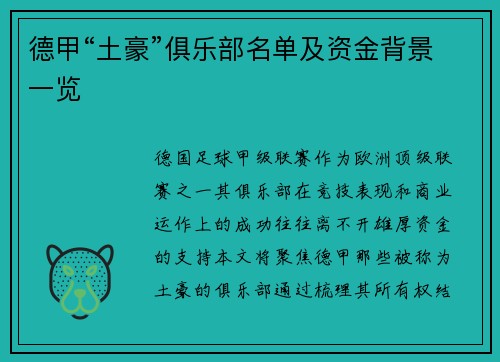 德甲“土豪”俱乐部名单及资金背景一览